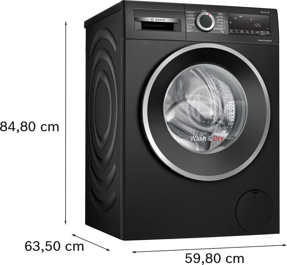 BOSCH Series 4, 9/5 KG Washer & Dryer, 1400 RPM, ECO Silence Drive Motor, Auto Dry Option, Super 60 mins Wash & Dry, 15 Mins Quick, Black Finish, WNA2440ZGC
