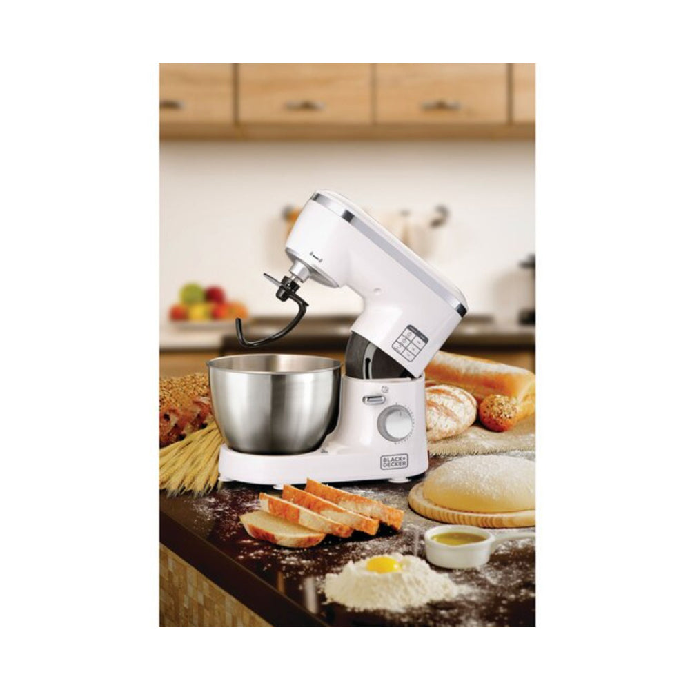 Black + Decker Kitchen Stand Mixer Machine, 1000W Power, 4L Large Capacity, Stainless Steel Bowl, 6 Speed Settings for Perfect Baking Results, Easy Mixing & Kneading, SM1000-B5