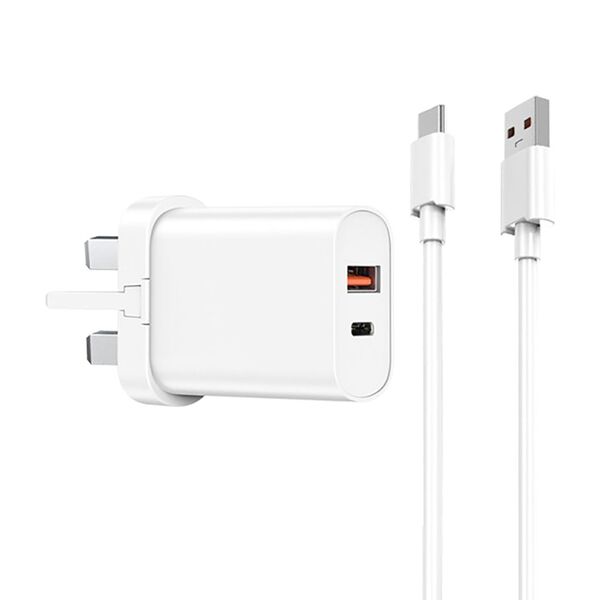 WIWU Quick 20W + 18W PD + QC UK Fast Charger With USB To Type-C Cable, White