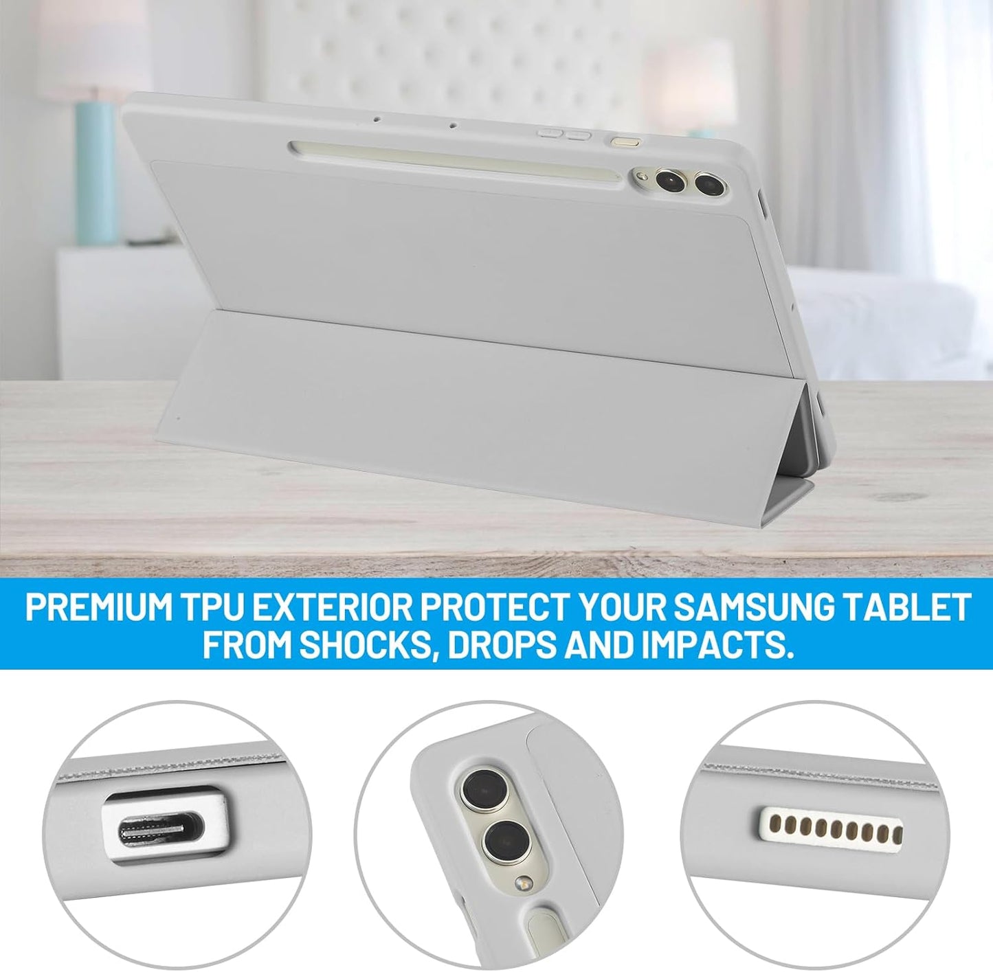 PROTECT Samsung Tab S10 Plus Protective Tablet Cover, Silcon, Trifold Stand , Auto Wakeup Sleep, Pen Slot, Grey, PSTS10PGRY