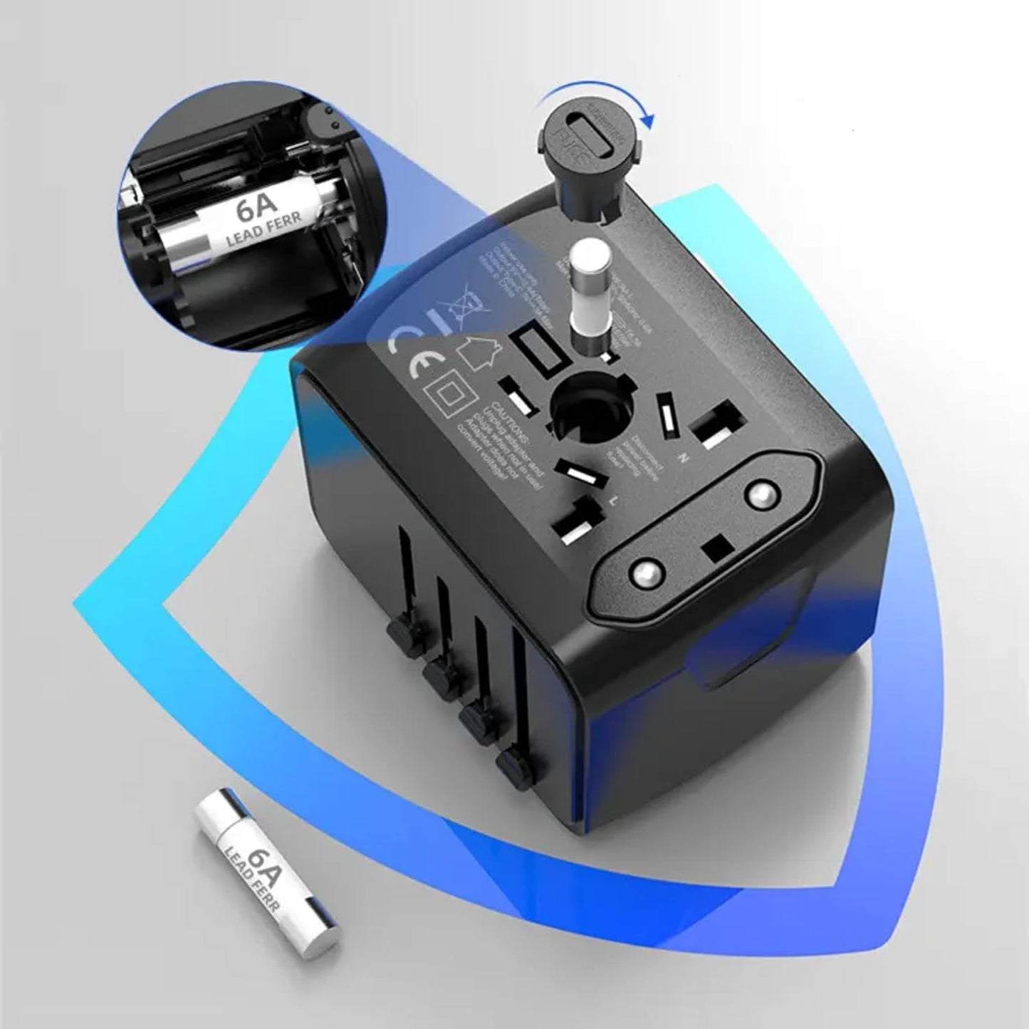 PROTECT Travel Essential Universal Adapter, 6 A Ceramic Fuse, 1 Type C Output, 3 USB A Output, Black, SL-199-3U-T