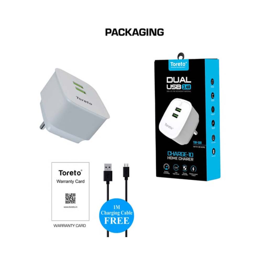 Toreto V8 Dual USB Charger White with Cable