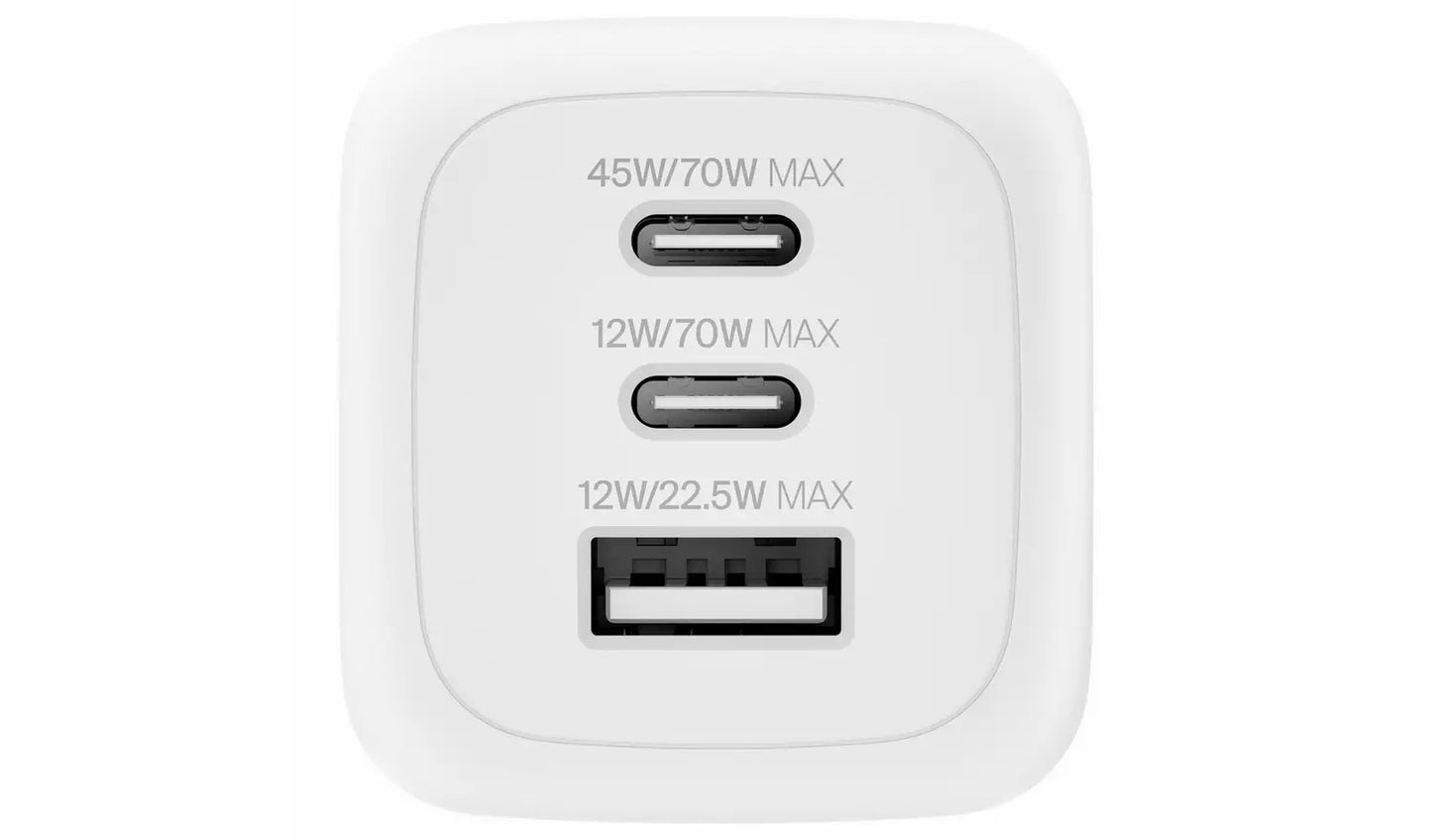 Belkin 70W GaN 3-Port Fast Wall Charger with Interchangeable Plugs – White