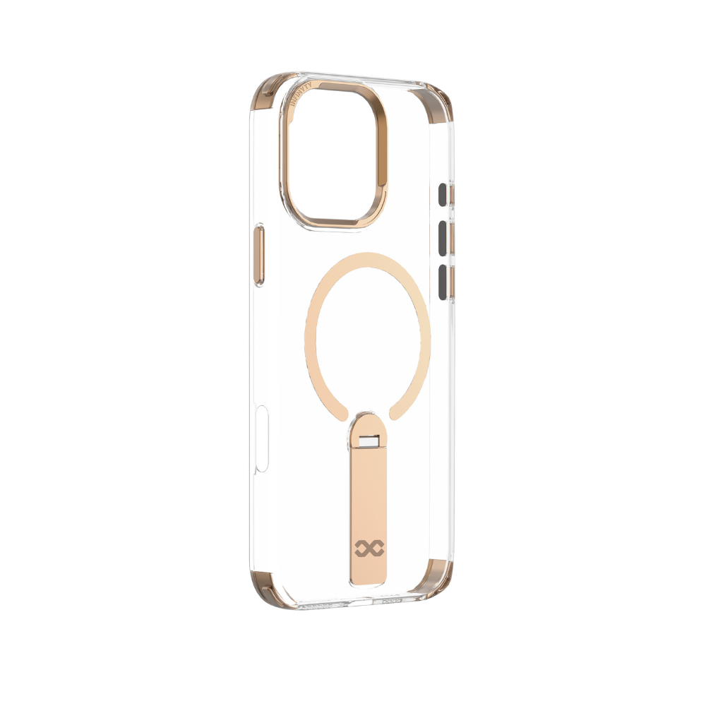 Infinyty Aurum Transparent Case with Gold Metal Camera Ring & Stand for iPhone 16 Pro Max, Desert Titanium