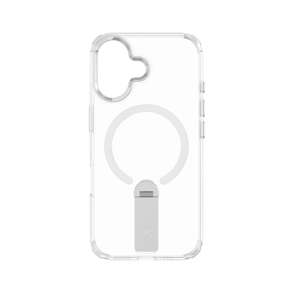 Infinyty Stanzo Transparent Case with Silver Metal Camera Ring & Stand for iPhone 16