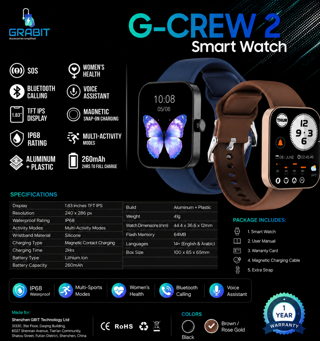 Grabit G-CREW 2 Smart Watch – 1.83" Display, Bluetooth Calling & IP68