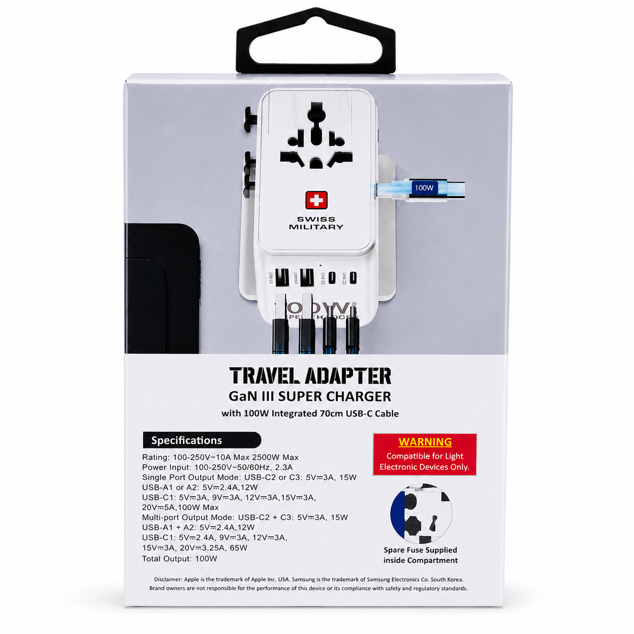 Swiss Military 100W GaN Universal Travel Adapter with Built-in Cable – White