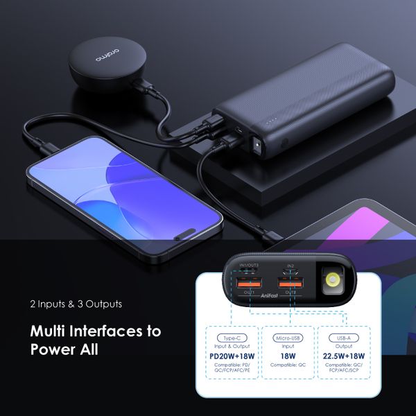 Oraimo Traveler 22.5 LED Torch Power Bank, SOS Lighting Alarm, 22.5W, 20,000 mAh , Black, OPB-7204Q