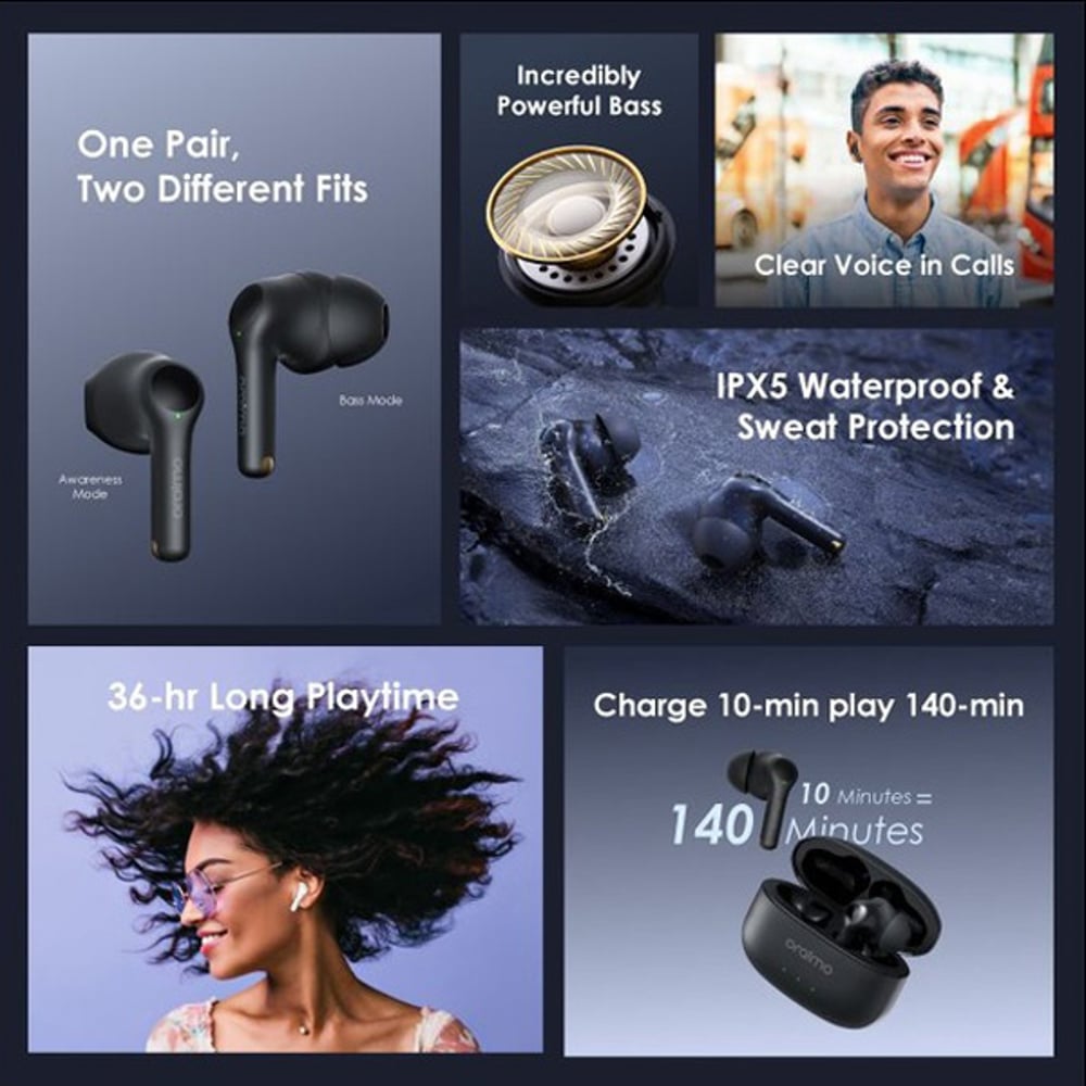 Oraimo FreePods 3C TWS True Wireless Earbuds, BT V5.3, ENC, Black, OEB-E104DCBLK