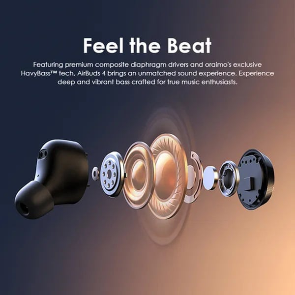 Oraimo AirBuds 4 TWS True Wireless Earbuds, IPX4 Water Proof, BT V5.3, 300mAh, Black, OTW-340