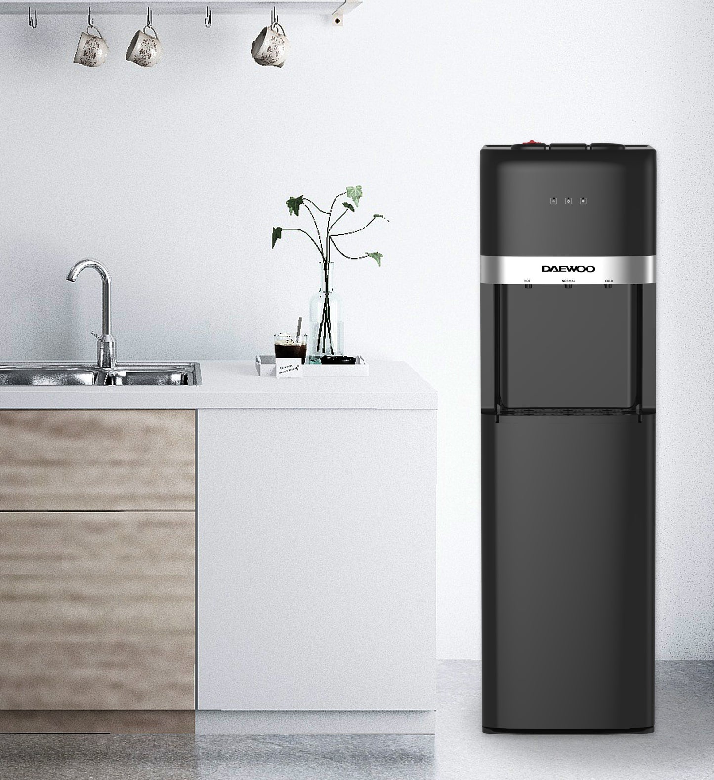 Daewoo Bottom Load Water dispenser with hot, cold and room temperature taps, Bottom loading, Bottle cabinet, Rapid heating, 2 Litre, Low Energy consumption, Black, DWD 601B