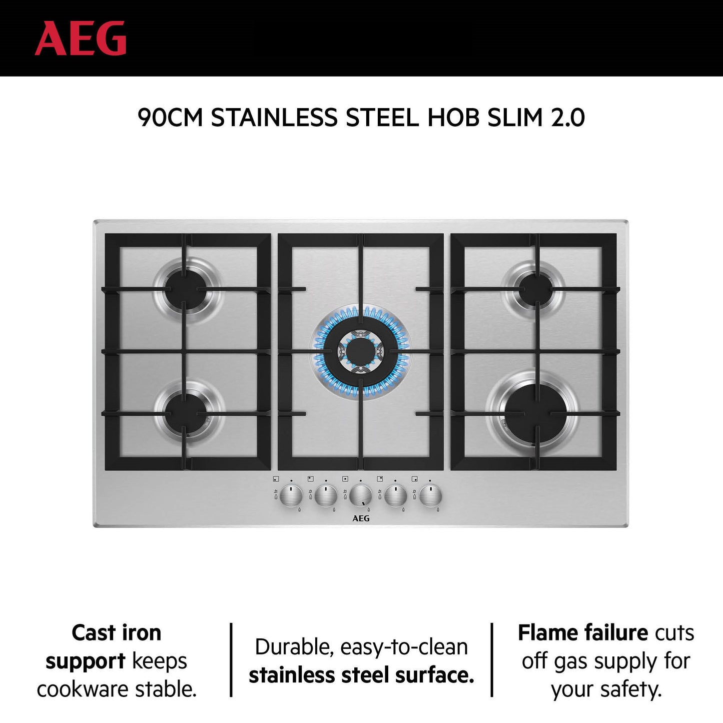 AEG Built-in Gas Hob 90cm, 5 Burner, Stainless Steel, Black, HGB95320SM