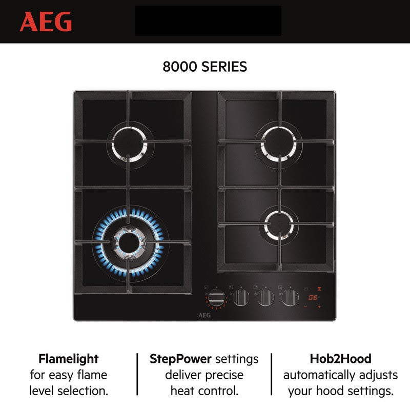 AEG Built-in Gas Hob 60cm, 4 Burner, Glass Finish, Black, HKB64450NB