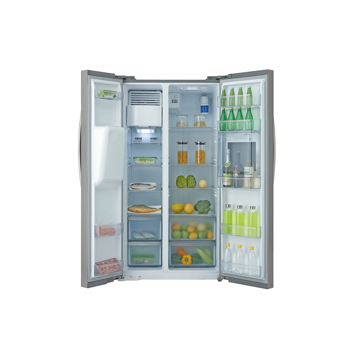 Daewoo Side-by-Side Refrigerator 500L capacity, Inverter compressor, Tempered glass, no frost, Stainless steel, french door, 490 Litre, No-Frost, Digital Control, Stainless Steel, FRS-657SSI