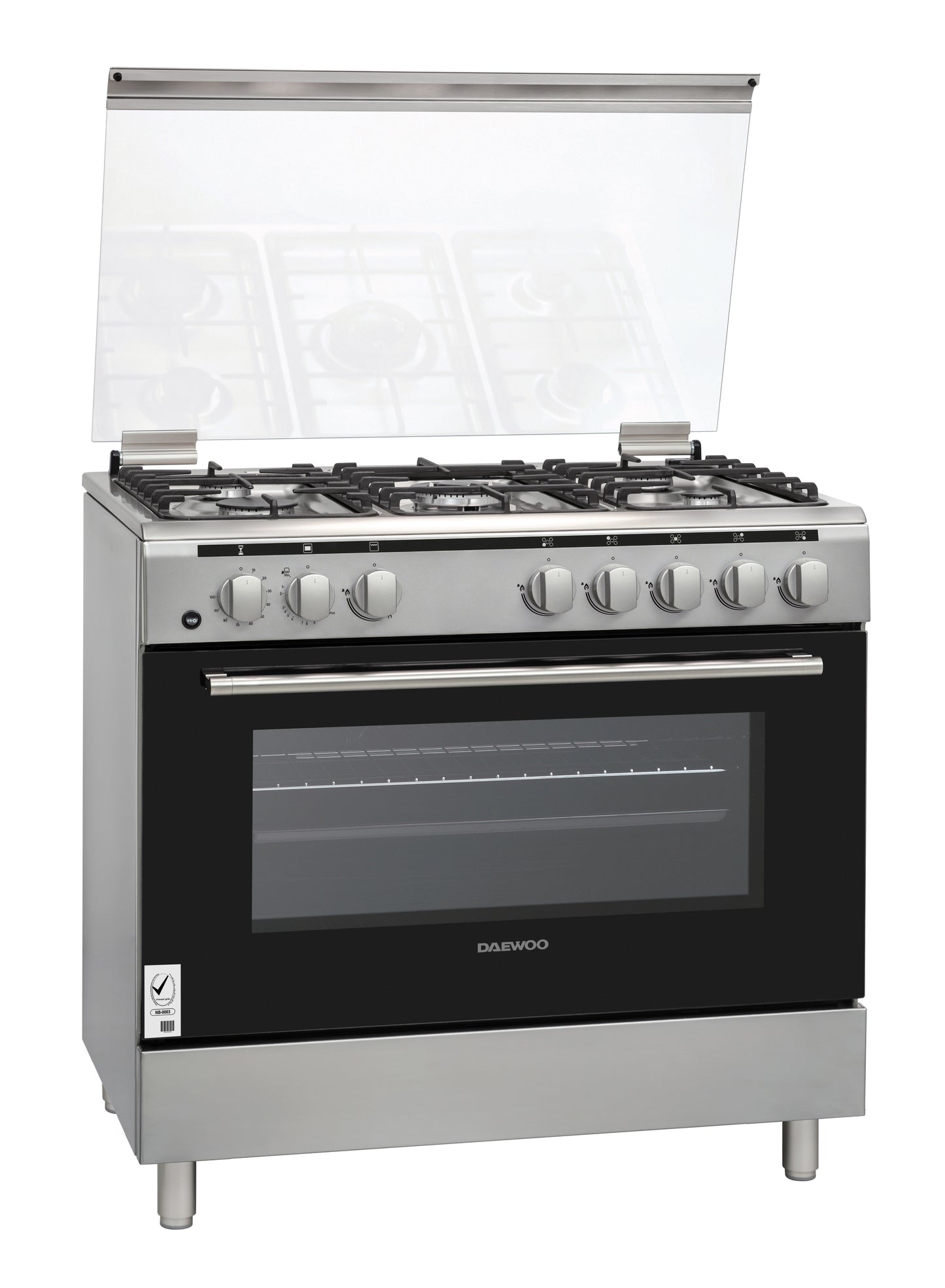 Daewoo Gas Cooker with Gas Oven 90cm, cast iron, Convection fan, Double ring burner, Self-cleaning, Sabaf burners, 90 Litre Capacity, Stainless steel, DGC-S965HF