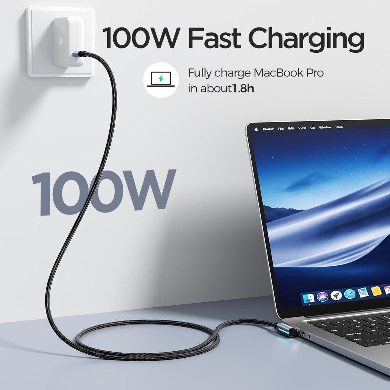 PROTECT Fast Charge Right Angle Cable, Ultra Fast Data Sync, 100w, LED Indicator, Black, S-CC100