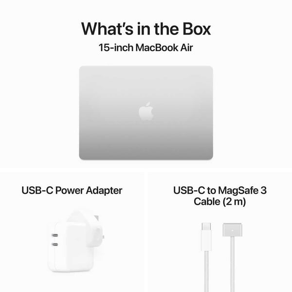 Apple Macbook Air 15-inch (2024), M3 chip with 8-core CPU, 24GB RAM, 512GB SSD, 10-core GPU, 15.3-inch Liquid Retina XDR display, Arb-Eng Keyboard, UAE Version, Silver, MC9J4AB/A