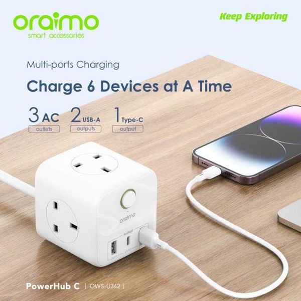 Oraimo PowerHub C Multi-ports Charging Power Extension, 100V-240V~50Hz 2500W, Output C1+Output A2: 5V/3.4A(Max), White, OWS-U342
