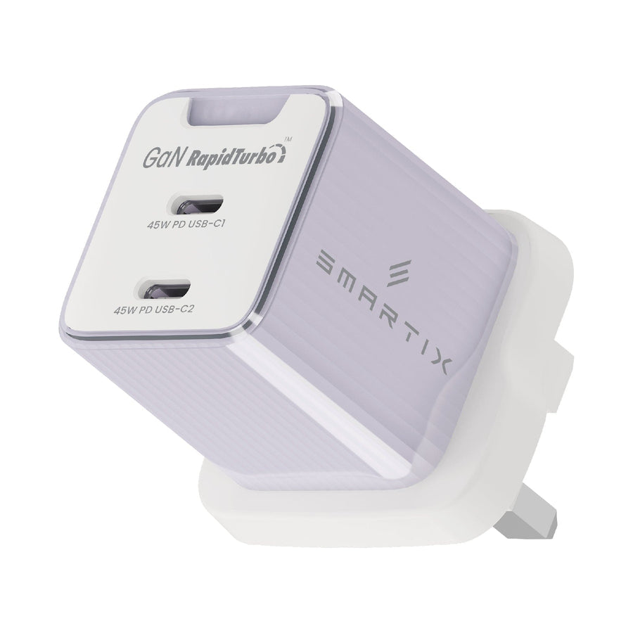 Smartix Premium 45W GaN Wall Adaptor - 2 x 45W PD for USB-C, IntelliCharge Technology, Purple
