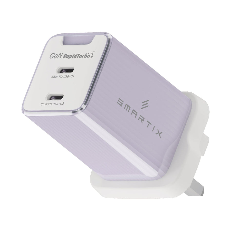 Smartix Premium 65W GaN Wall Adaptor - 2 x 65W PD for USB-C, IntelliCharge Technology, Purple