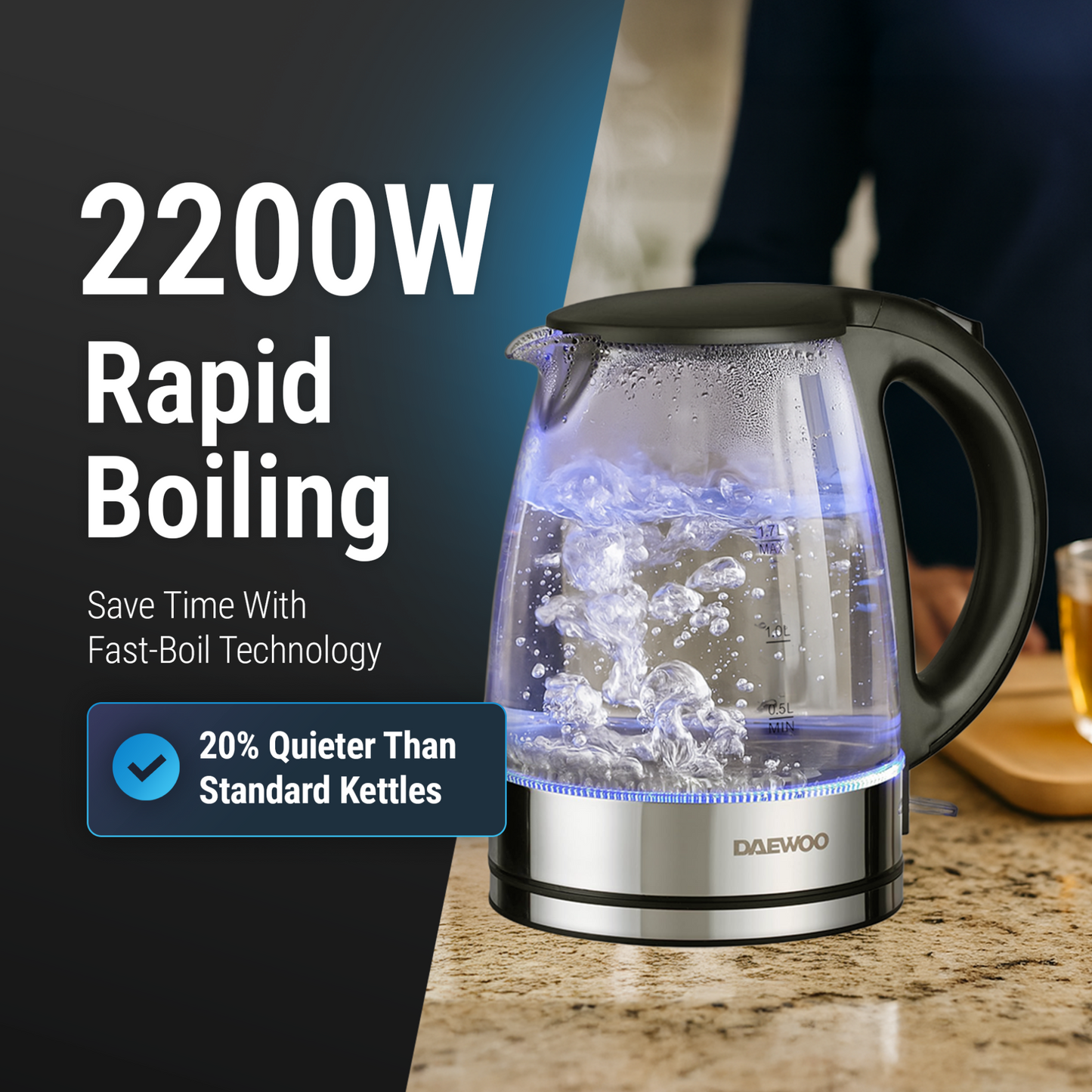 Daewoo Glass Kettle 2200W, 1.7 Liters, DEK1218