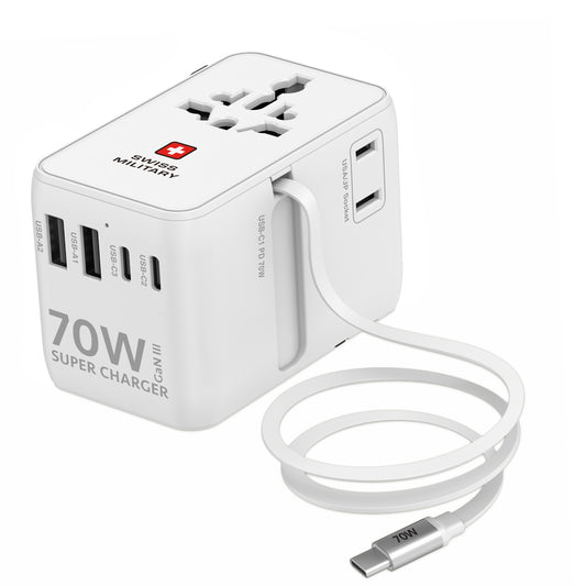 Swiss Military International Travel Adapter 70W GaN Fast Charger with Built-in Cable White