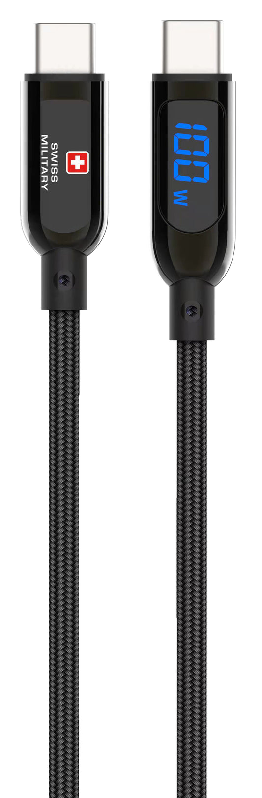 Swiss Military USB-C to USB-C Fast Charging Cable 100W Braided LED Indicator 1M Black