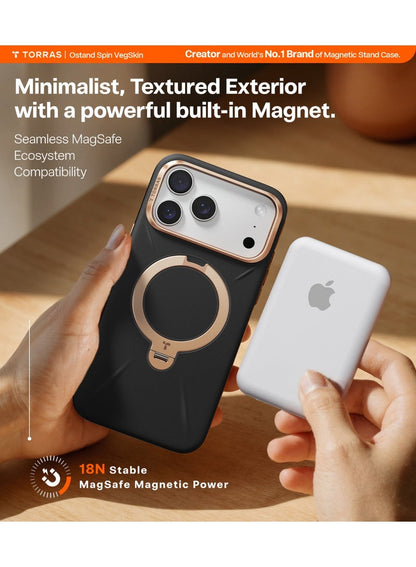 TORRAS Ostand Spin VegSkin Vegan Leather Case for iPhone 17 Pro - Black