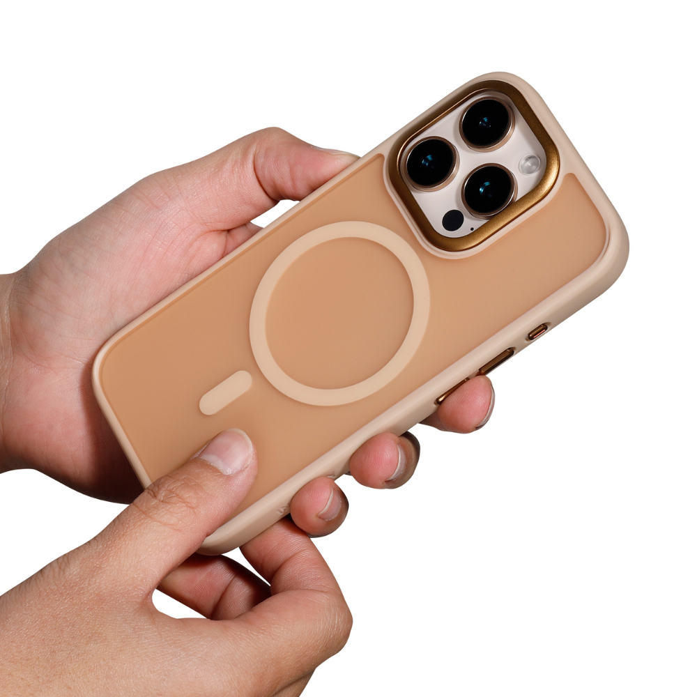 Infinyty Modo Silicone MagSafe Case with Metal Camera Frame and Button iPhone 16 Pro, Desert Titanium