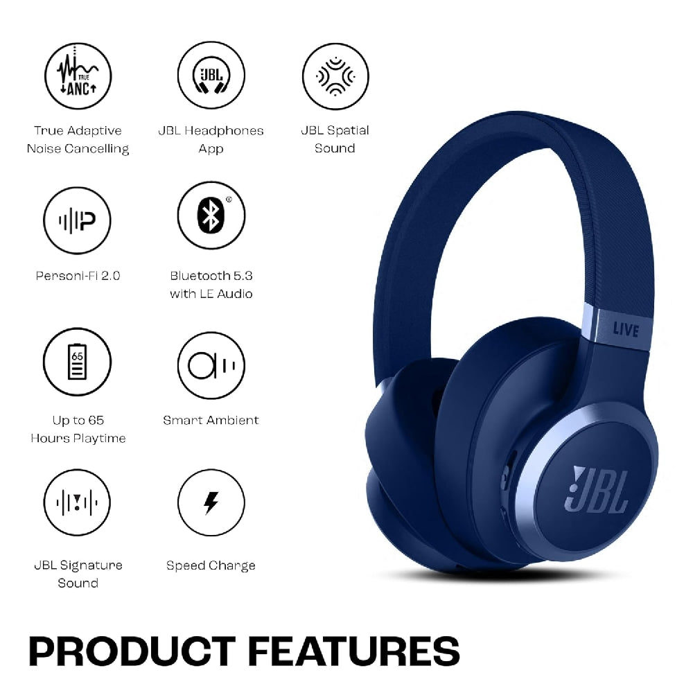 JBL Live 770 Wireless Noise Cancelling  On-Ear Headphone Blue