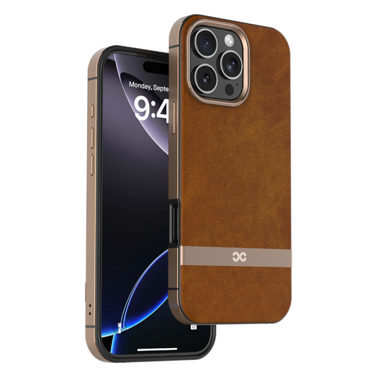 Infinyty Luxe Elite Leather Case with Metal Edges iPhone 16 Pro Max, Brown
