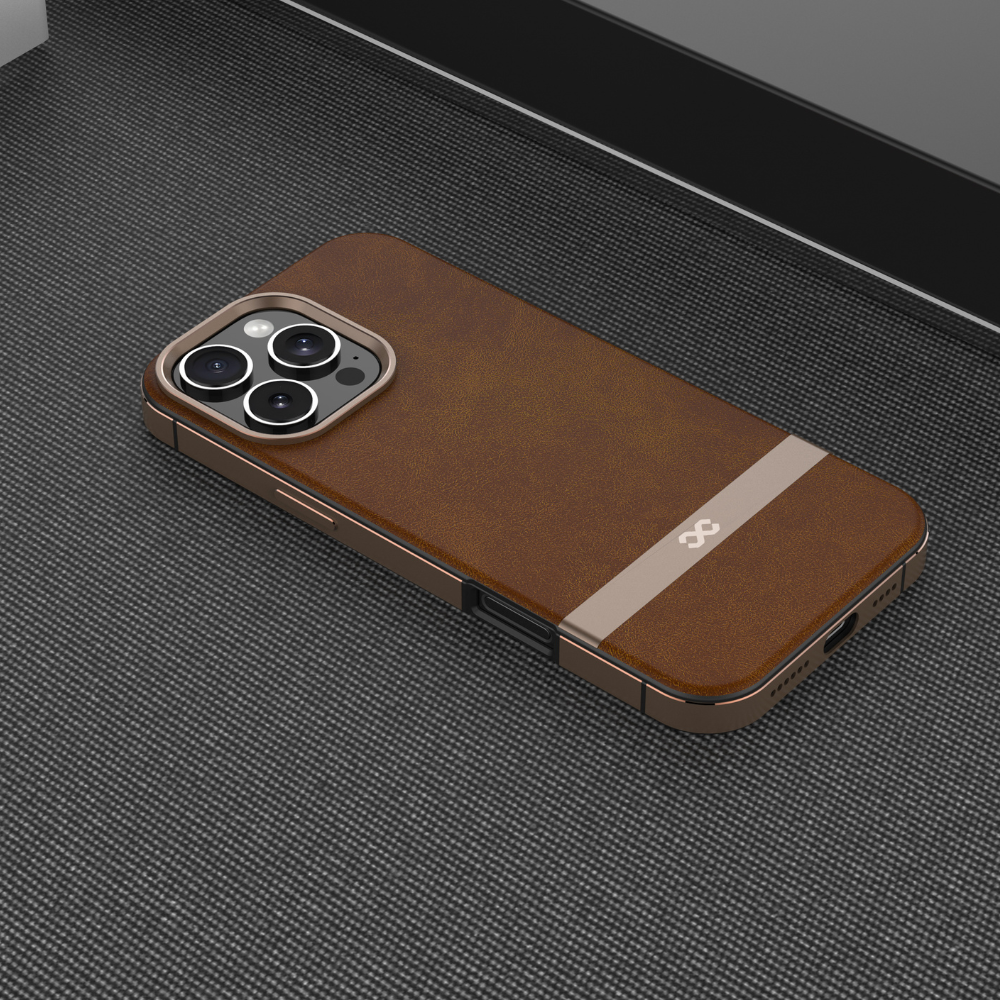 Infinyty Luxe Elite Leather Case with Metal Edges iPhone 16 Pro Max, Brown