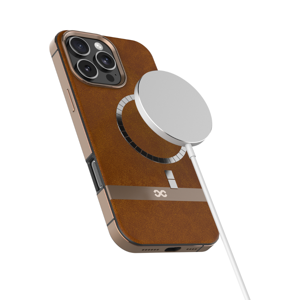 Infinyty Luxe Elite Leather Case with Metal Edges iPhone 16 Pro Max, Brown