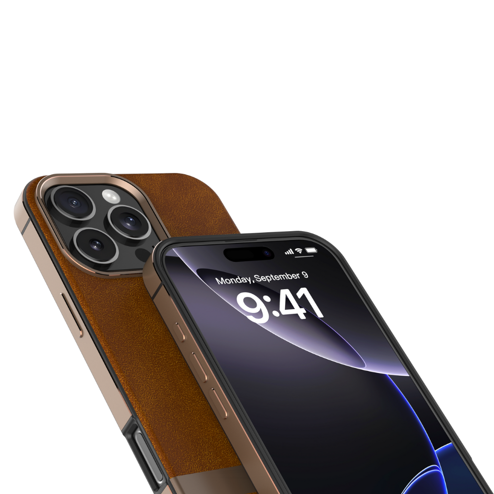Infinyty Luxe Elite Leather Case with Metal Edges iPhone 16 Pro, Brown