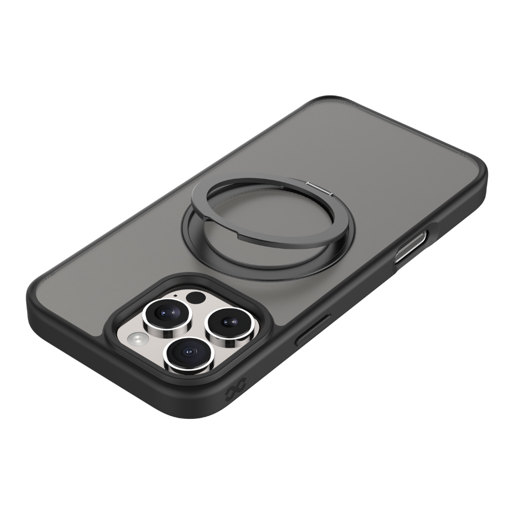 Infinyty Pristine Transparent Case with Metal Edges, Ring with Rotatable Stand for iPhone 16 Pro, Black