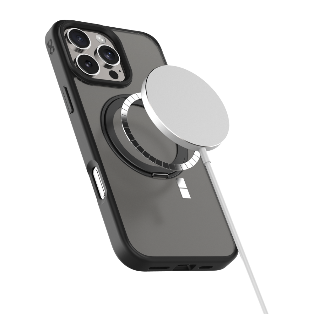 Infinyty Pristine Transparent Case with Metal Edges, Ring with Rotatable Stand for iPhone 16 Pro, Black