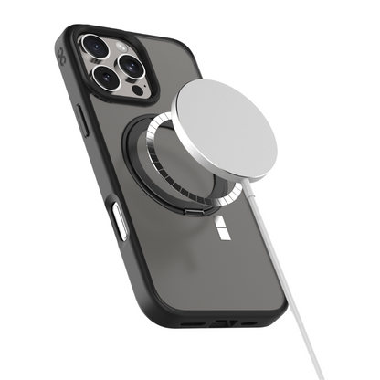 Infinyty Pristine Transparent Case with Metal Edges, Ring with Rotatable Stand for iPhone 16 Pro, Black