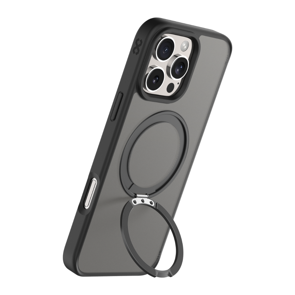 Infinyty Pristine Transparent Case with Metal Edges, Ring with Rotatable Stand for iPhone 16 Pro, Black