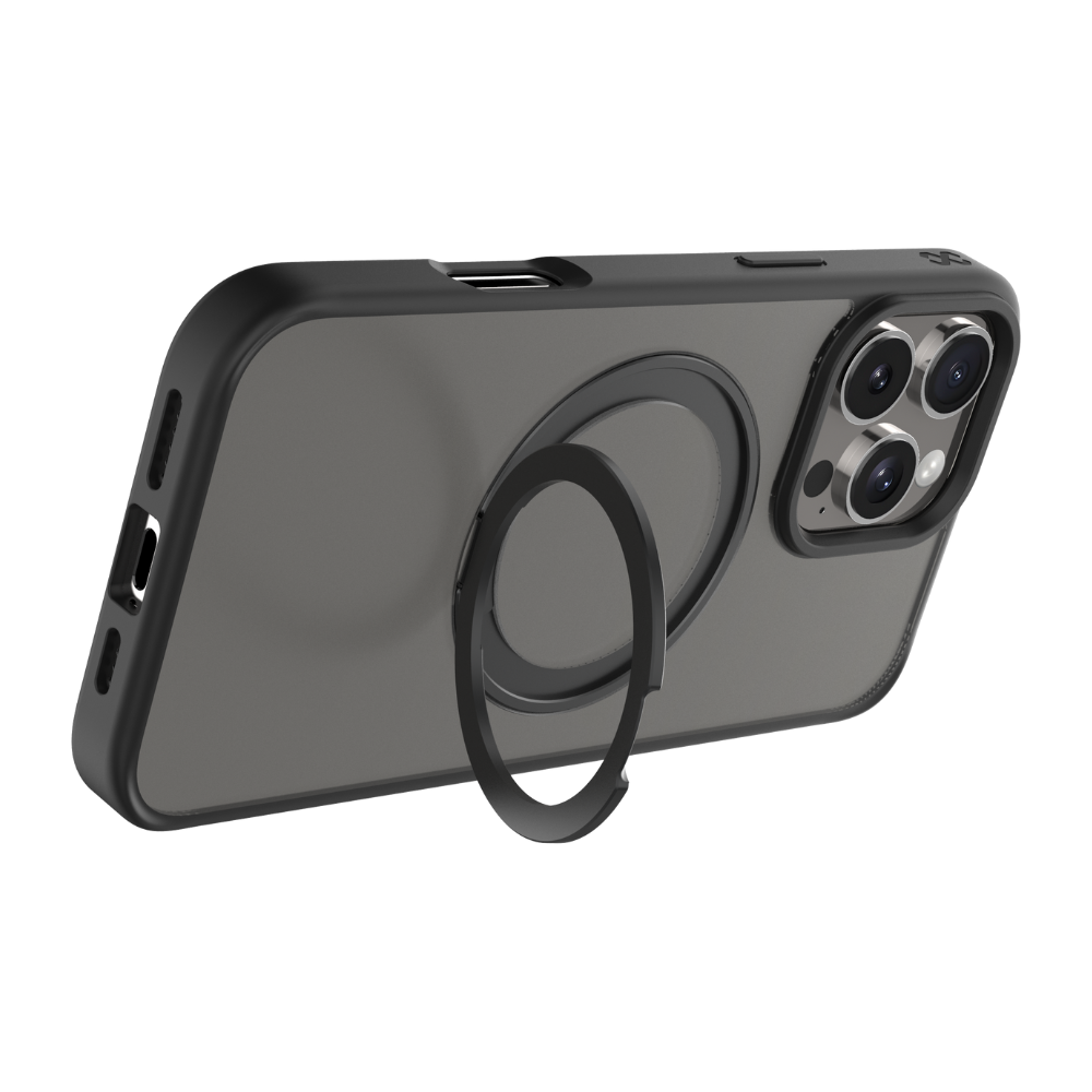 Infinyty Pristine Transparent Case with Metal Edges, Ring with Rotatable Stand for iPhone 16 Pro, Black