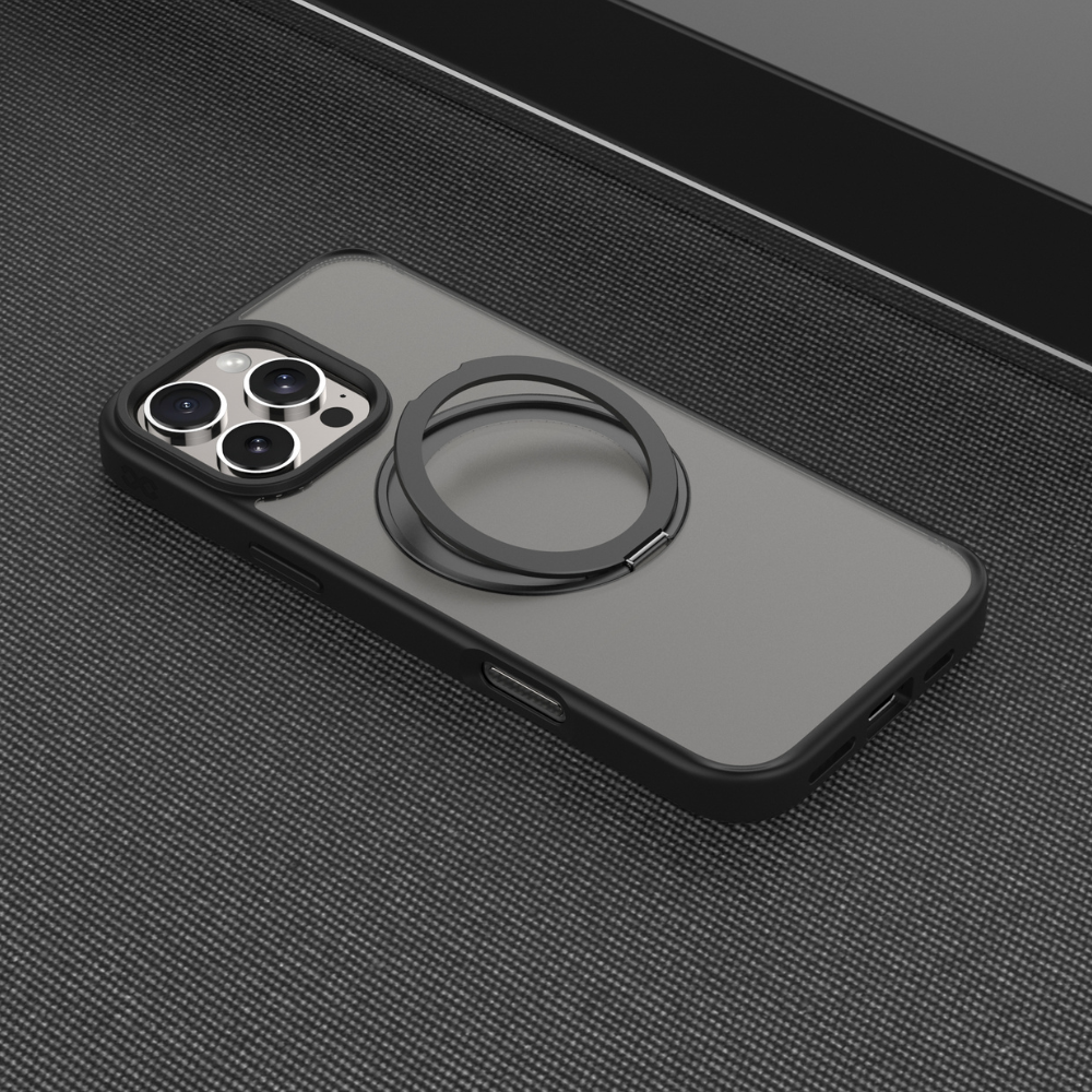 Infinyty Pristine Transparent Case with Metal Edges, Ring with Rotatable Stand for iPhone 16 Pro, Black