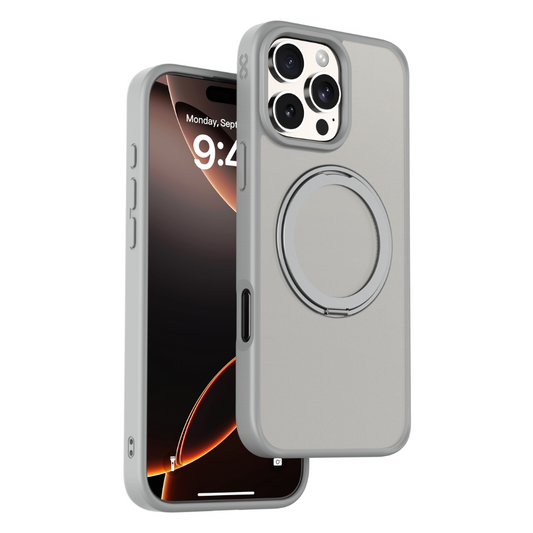 Infinyty Pristine Transparent Case with Metal Edges, Ring with Rotatable Stand for iPhone 16 Pro Max, Grey