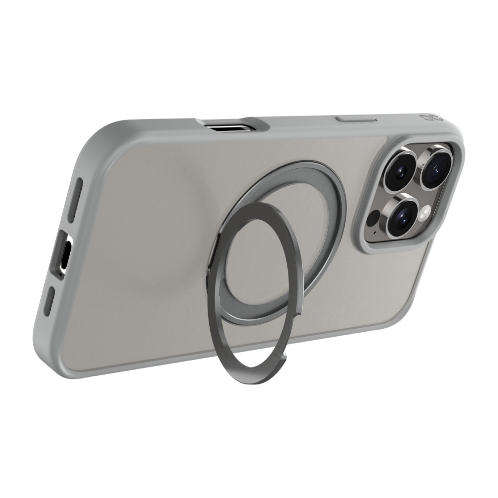 Infinyty Pristine Transparent Case with Metal Edges, Ring with Rotatable Stand for iPhone 16 Pro Max, Grey