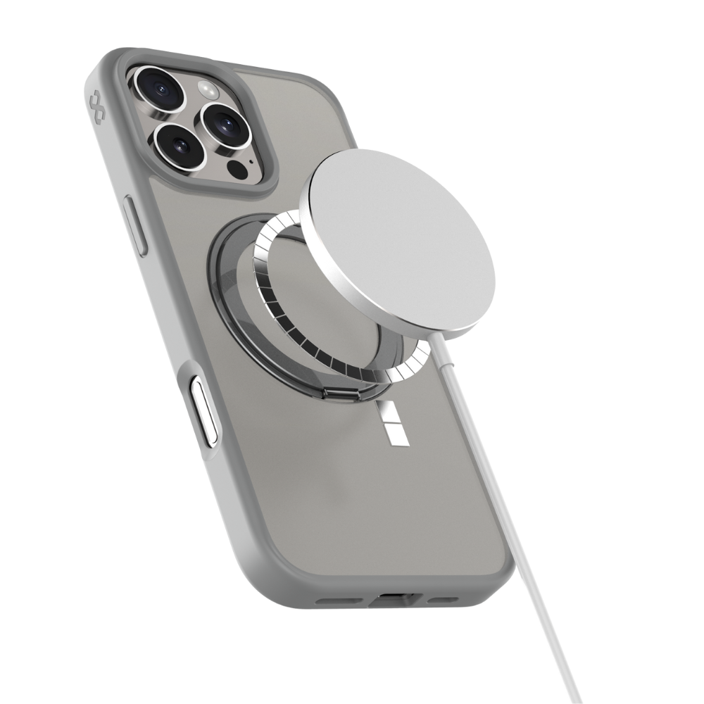 Infinyty Pristine Transparent Case with Metal Edges, Ring with Rotatable Stand for iPhone 16 Pro Max, Grey