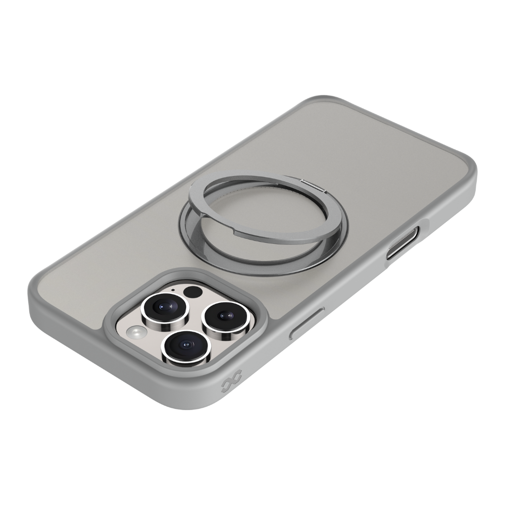 Infinyty Pristine Transparent Case with Metal Edges, Ring with Rotatable Stand for iPhone 16 Pro Max, Grey