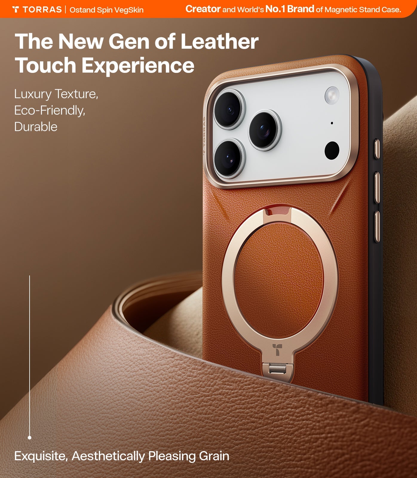 TORRAS Ostand Spin VegSkin Vegan Leather Case for iPhone 17 Pro - Amber Brown