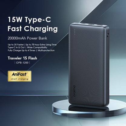 Oraimo  traveler 15 Dual input Power Bank, 15W Type-C IN & OUT, Fast Charging, 20,000 mAh, Black, OPB-1200