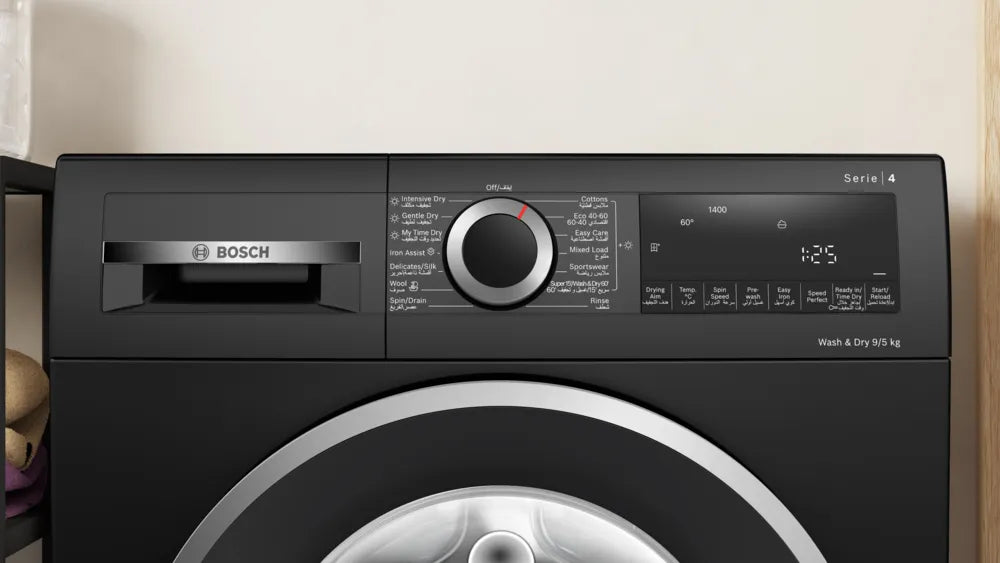 BOSCH Series 4, 9/5 KG Washer & Dryer, 1400 RPM, ECO Silence Drive Motor, Auto Dry Option, Super 60 mins Wash & Dry, 15 Mins Quick, Black Finish, WNA2440ZGC