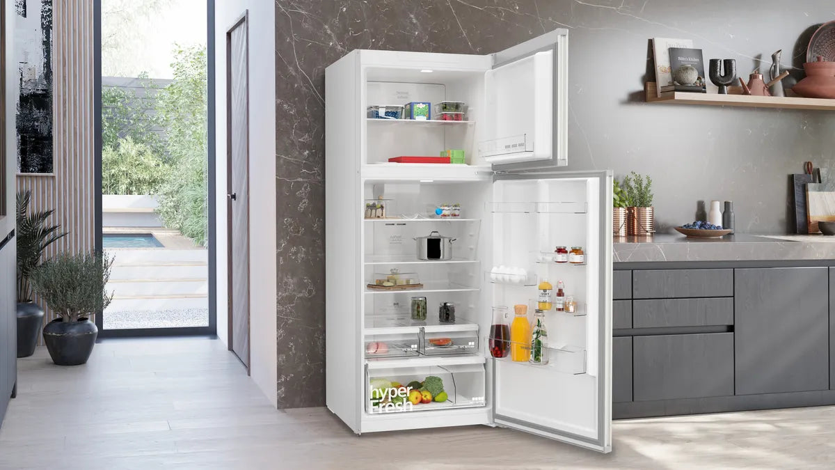 SIEMENS iQ300 free-standing fridge-freezer with freezer at top, Brushed steel anti-fingerprint, KD76NXIE1M