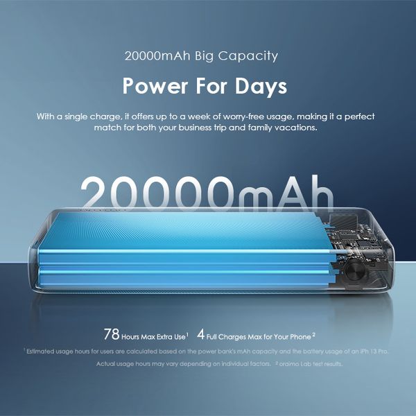 Oraimo  traveler 15 Dual input Power Bank, 15W Type-C IN & OUT, Fast Charging, 20,000 mAh, Black, OPB-1200