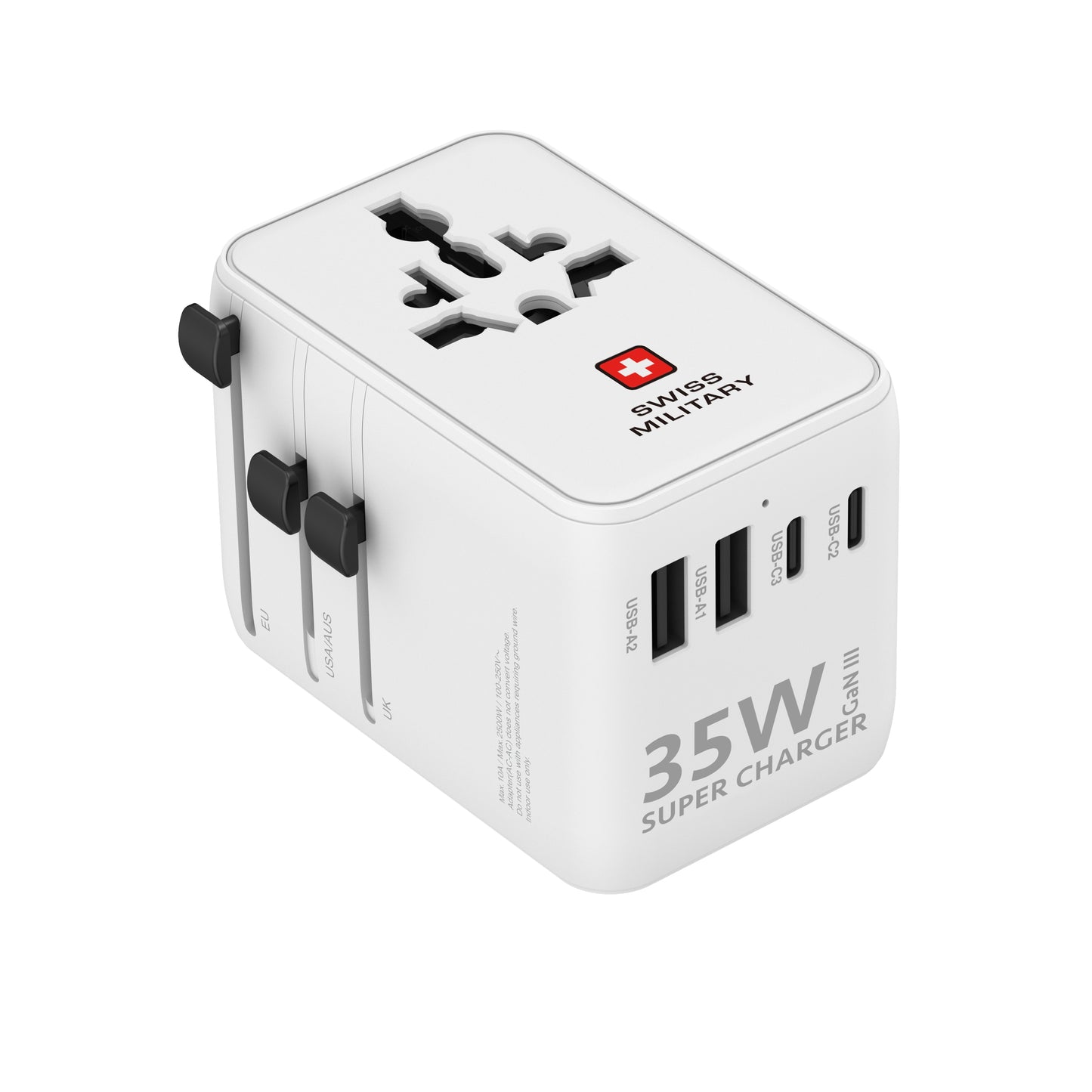 Swiss Military International Travel Adapter 35W GaN Fast Charger with Built-in Cable White